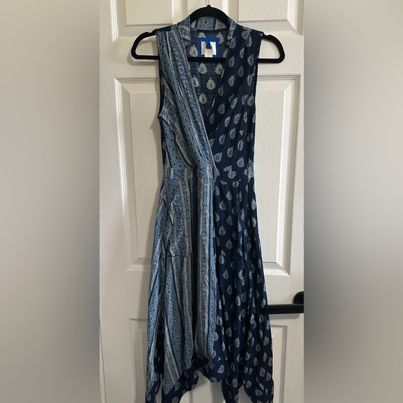 Anthropologie Maeve Eclipsed Faux Wrap Blue Paisley Motif Dress  Size 4 EUC - Picture 2 of 5